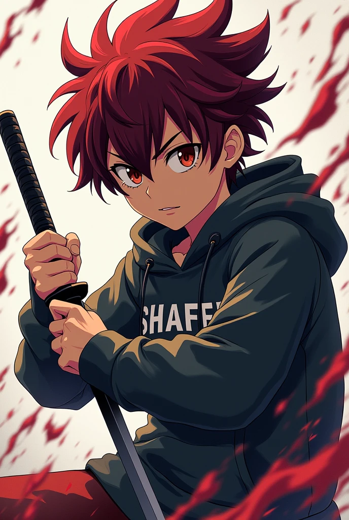 Anime boy dark red mixing hair, katana pose, wearing a hoodi, "SHAFEE" written in the hoodi, 