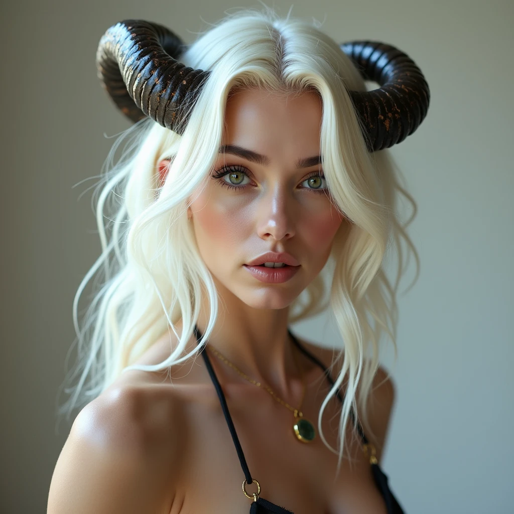 A naked white-haired woman with horns, with a stylish figure