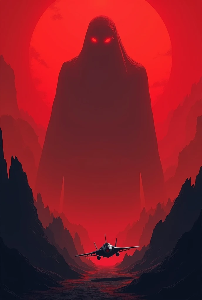 The spacecraft approaches the planet with a thick, crimson atmosphere and an eerie landscape..
A large and frightening shadow emerged from behind the hill, with glowing red eyes
The aircraft sped away from the planet, But a large shadow chased after them.