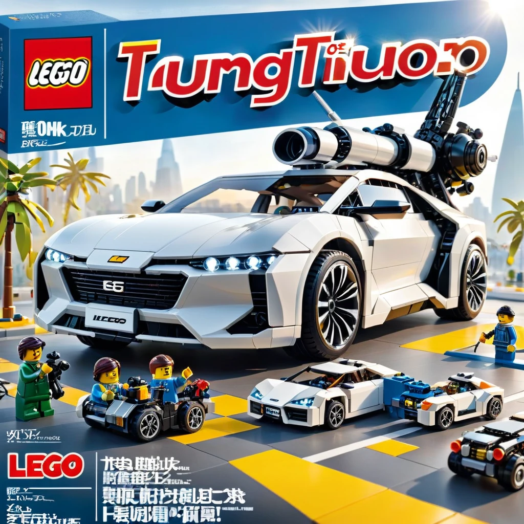 Magazine cover,best quality, very good, 16K, ridiculous, Very detailed, ((The car of the future))Someone is taking pictures,Made of Lego,