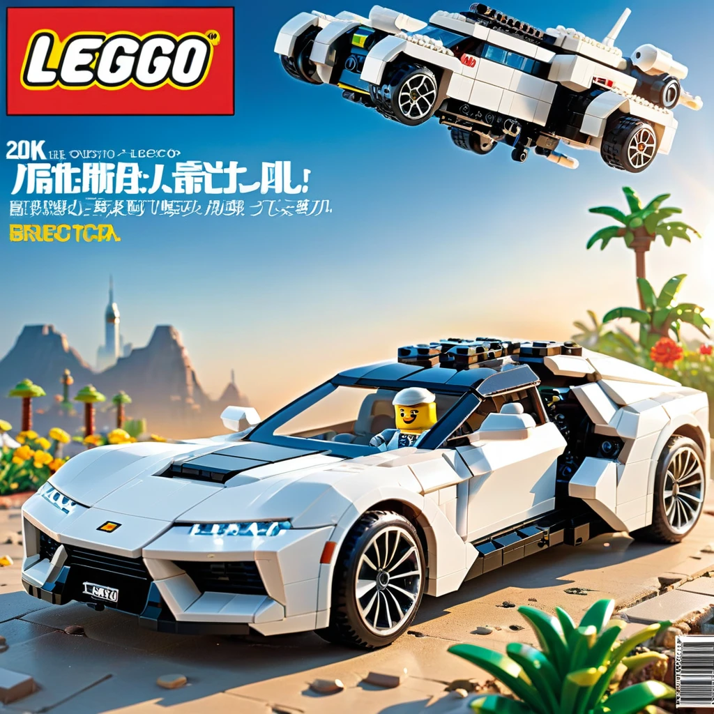 Magazine cover，best quality, very good, 16K, ridiculous, Very detailed, （（The car of the future））Someone is taking pictures，Made of Lego,