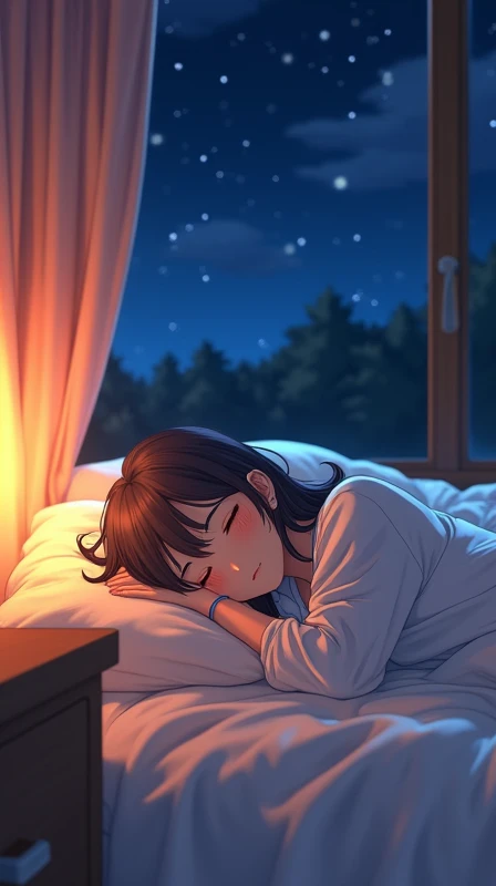 Woman sleeping in bed、20th Generation、Cute sleeping pose、The room is cute.、It's night outside、Hair is semi-long、The futon is white、Orange indirect lighting、Realistic anime style
