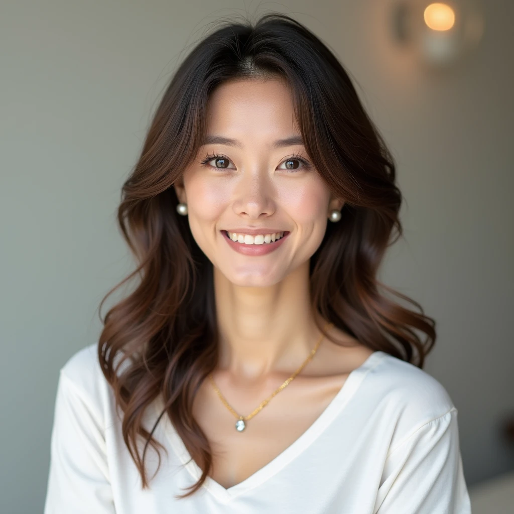 Adult women、Woman with strong eyes、Model-like Japanese、Thready hair、looking at the camera、Earrings、Short necklace、White clean top、Brown hair color、long、Layered Cut、体は斜めでlooking at the camera、Reduce hair volume、Airy feeling、Natural hair with loose curls only at the ends、smile