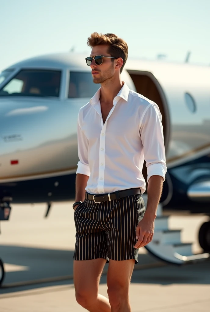 Young man in gold, black and white striped shorts, white shirt and aviator sunglasses boarding a private jet