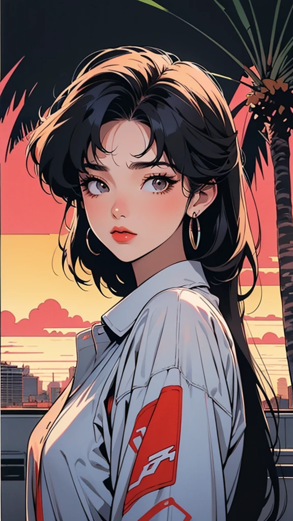 Retro Girl, miami, sunset, ferrari, palm tree, 90's, (flat colors, flat texture, lineart:1.2), graphical design, (heavy ink, ink blacks),FaceFocus、front

