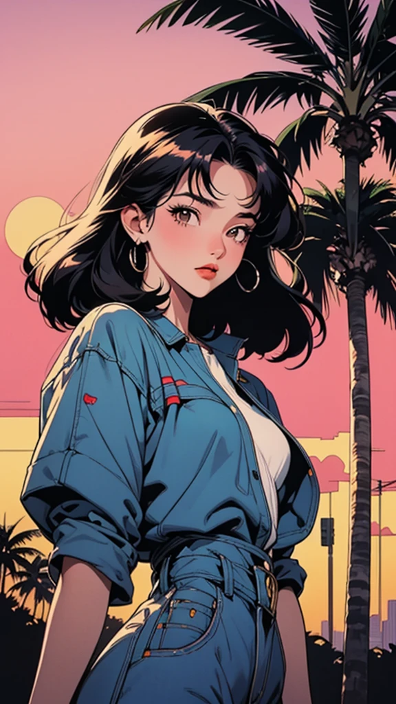 Retro Girl, miami, sunset, ferrari, palm tree, 90's, (flat colors, flat texture, lineart:1.2), graphical design, (heavy ink, ink blacks),FaceFocus、front