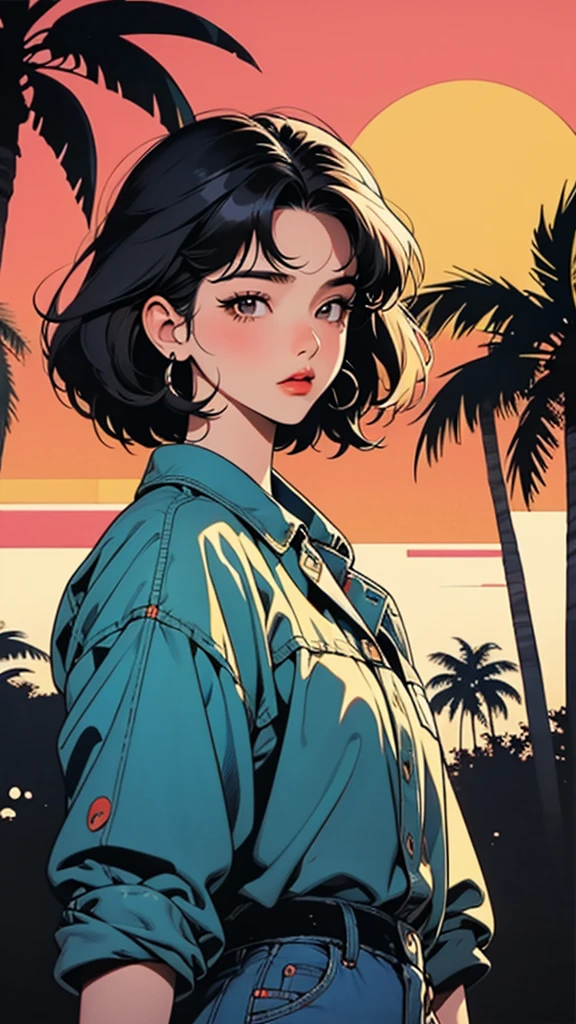 Retro Girl, miami, sunset, ferrari, palm tree, 90's, (flat colors, flat texture, lineart:1.2), graphical design, (heavy ink, ink blacks),FaceFocus、front

