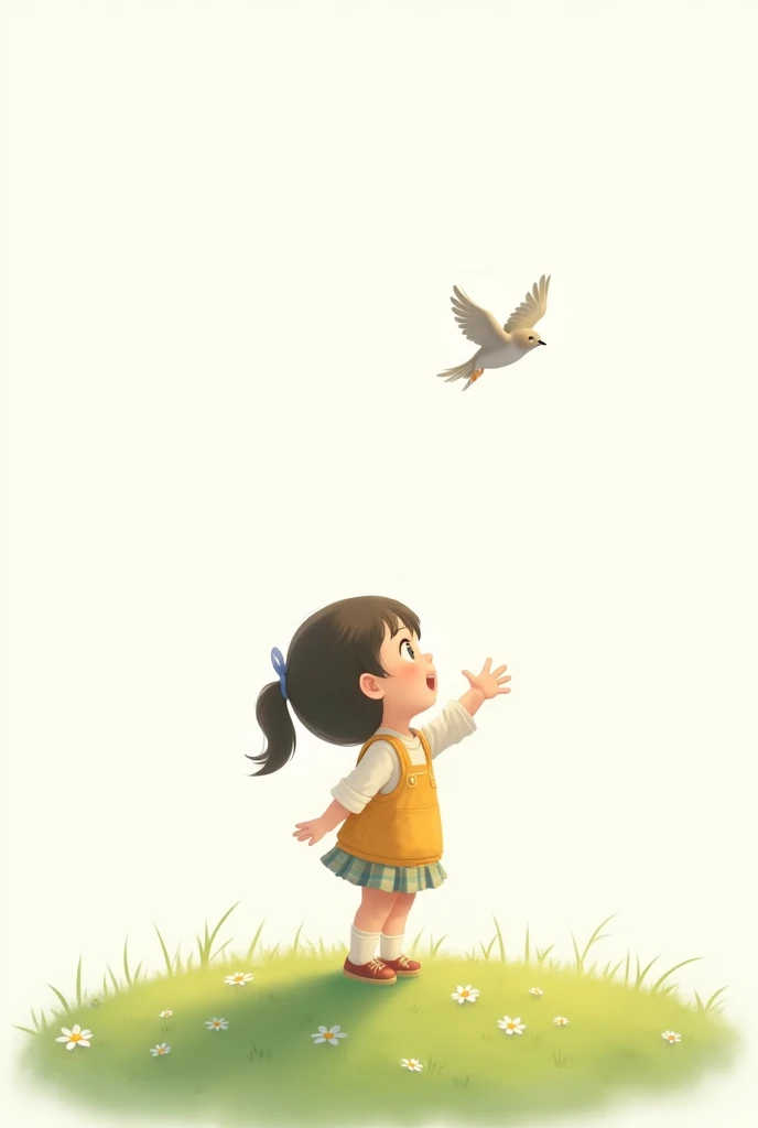 white background,cute little cute girl,rais his hand,standing on grass,seeing little bird flying at first time