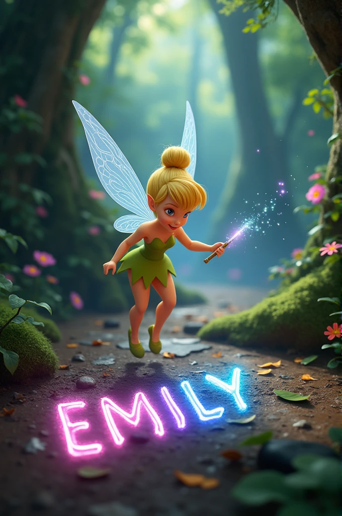 Tinkerbell writing the word EMILY in many colors