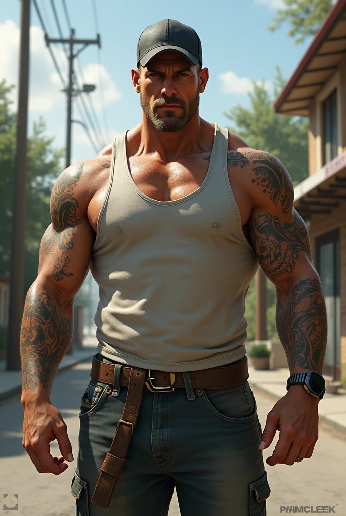 Bald man with tank top and tattoos and cap with flip flops realistic
