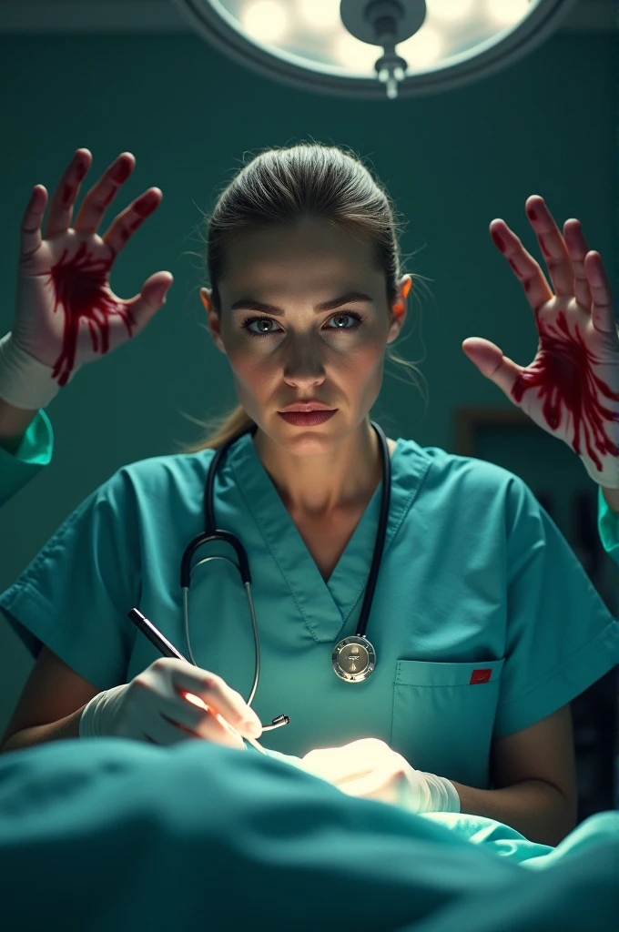 create an image of A dedicated lady doctor fights to save her patient's life in the operating room, but behind her, bloody hands emerge from the darkness, representing societal judgment, criticism, and malicious intent. As she battles these unseen forces, she must stay focused, struggling to overcome the external pressures and inner doubts that threaten to pull her down while her patient’s life hangs in the balance.