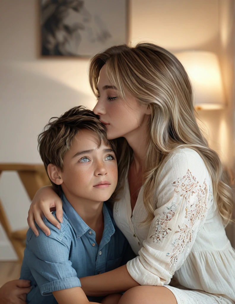 1boy, 1girl, mature female, (mother and son), , hug, kiss, hand on head, kneeling, in a room, (best quality,4k,8k,highres,masterpiece:1.2),ultra-detailed,(realistic,photorealistic,photo-realistic:1.37),studio lighting,extremely detailed eyes and face,longeyelashes,warm lighting,soft focus,intimate moment,tender embrace,family love,emotional connection,emotional expression,intricate details,natural poses