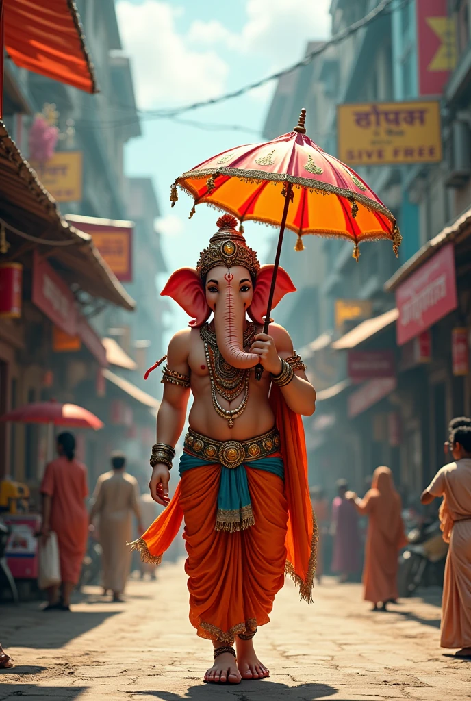 "Imagine Ganesh Ji, the revered Hindu deity, strolling down a bustling road. He holds a colorful umbrella in his hand, which contrasts with his traditional attire and the lively urban backdrop. The scene blends the divine with the everyday, showcasing Ganesh Ji's serene presence amidst the modern world.