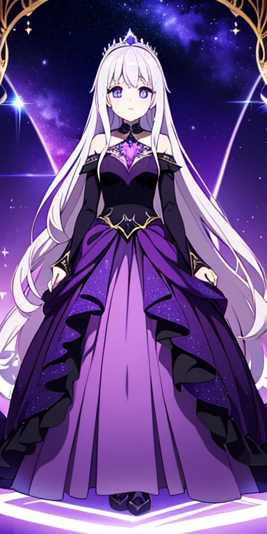 Full body, beautiful eyes , 1 girl , full body , cute girl , anime style , cute eyes , (standing up) , ( Lunaria is an ethereal presence, with pale skin and long, flowing silver hair that glistens under the moonlight. Her eyes are a piercing shade of violet, reflecting the enigmatic essence of the Eclipsal Realm. She dons a regal, dark purple gown adorned with shimmering, star-like patterns, complemented by a diadem that emits a soft, eerie glow.) , ballgown , puffy ballgown , (princess)