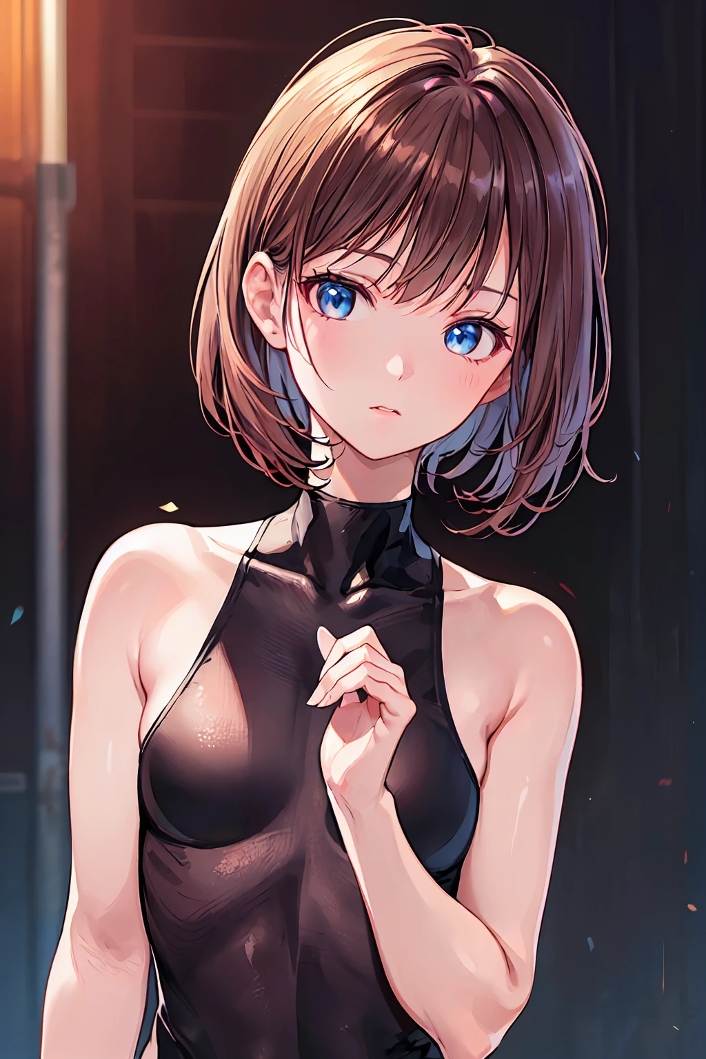(8k, RAW Photos,Highest quality, High resolution:1.1), (Ultra-realistic:1.4),(Realistic, Realistic:1.3),The Beauty of Japan、Slender beauty,((Upper Body:1.3))、Black flexible leotard、Place your hands behind your back,Brown Hair,Shortcuts,Small breasts,Flat chest