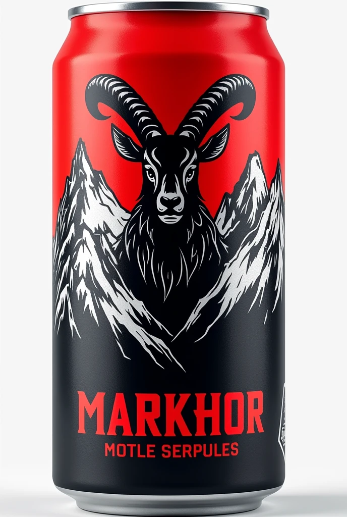 Create me an energy drink can design with brand name markhor add little bit mountains and markhor logo and use red and black colour 
