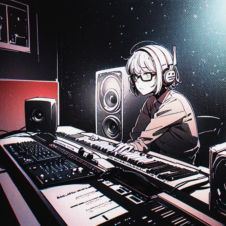 there is a 50 year old music producer with a very short white beard., short white hair, (a little overloaded), spectacled, sitting at a table with a keyboard and headphones, keyboard player, in his basement studio, using a synthesizer, Trend at the art station, sitting at the table at the keyboard, I play techno house music, trade at the art station, mixing, The music is playing, to the music, stunning illustration by Milton Caniff, in two tones, two colors, black and red colors, drawing, drawing, ink, masterpiece