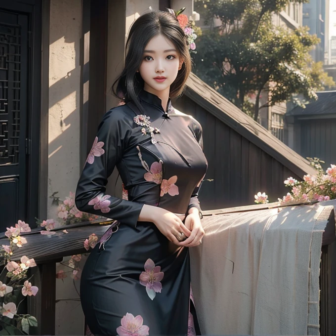 a beautiful girl in vintage colors aodai, masterpiece ,(Dye painting) ( Black color dress ) wrapped in a large flower print( flower silk ..... with ) best quality, realistic:1.3, street, cyberpunk, holding bundle of adubon sunlight, backlighting, (well pper Adhere to clear natural light hdr))full budy, big ass (Remove extra limbs, remove accurately) intricate scene, artstation, intricate details, vignettefulbudy(cartoon)