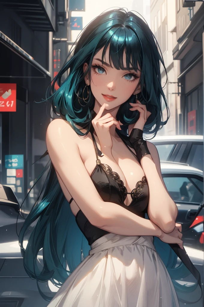 1girl,a beautiful fashion model ,(masterpiece, detailed background, best quality),short and shiny hair, blue green hair, hair with highlights, bangs, smirk,juicy lips,red lips, calmart, lingerie, stripping, elegant makeup, blue eyes, full body shot, (shiny skin), cyberpunk, sci fi, boa, extravagant jewelry, cocky expression, covered in jewelry, fancy, white dress, ((hand covering mouth, smug, discrete laughter)),
