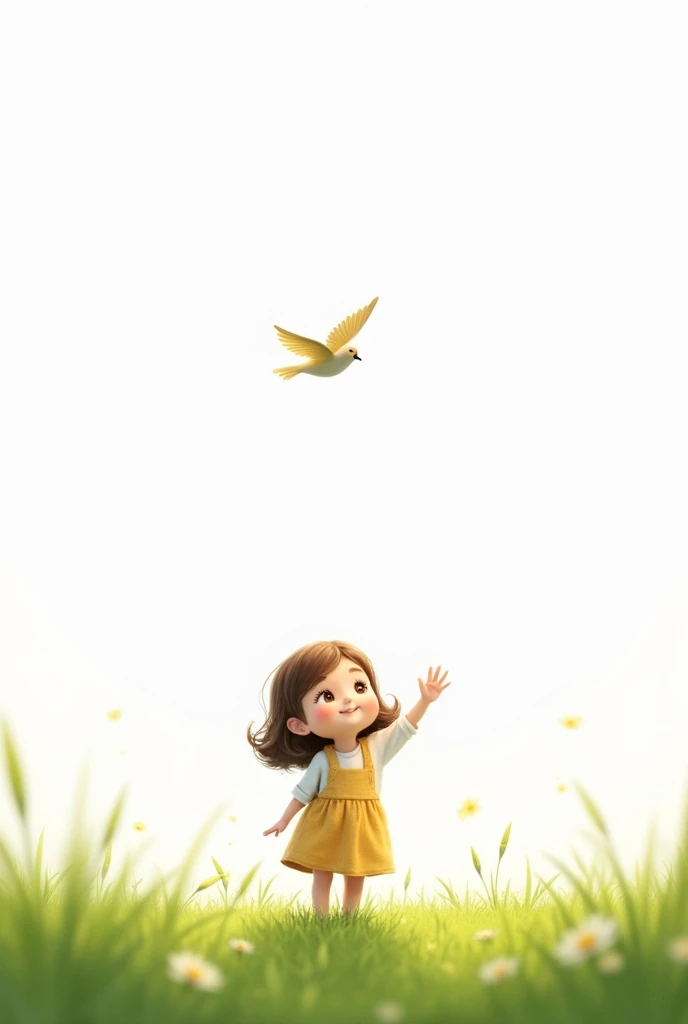 white background,cute little cute girl,rais his hand,standing on grass,seeing little bird flying at first time