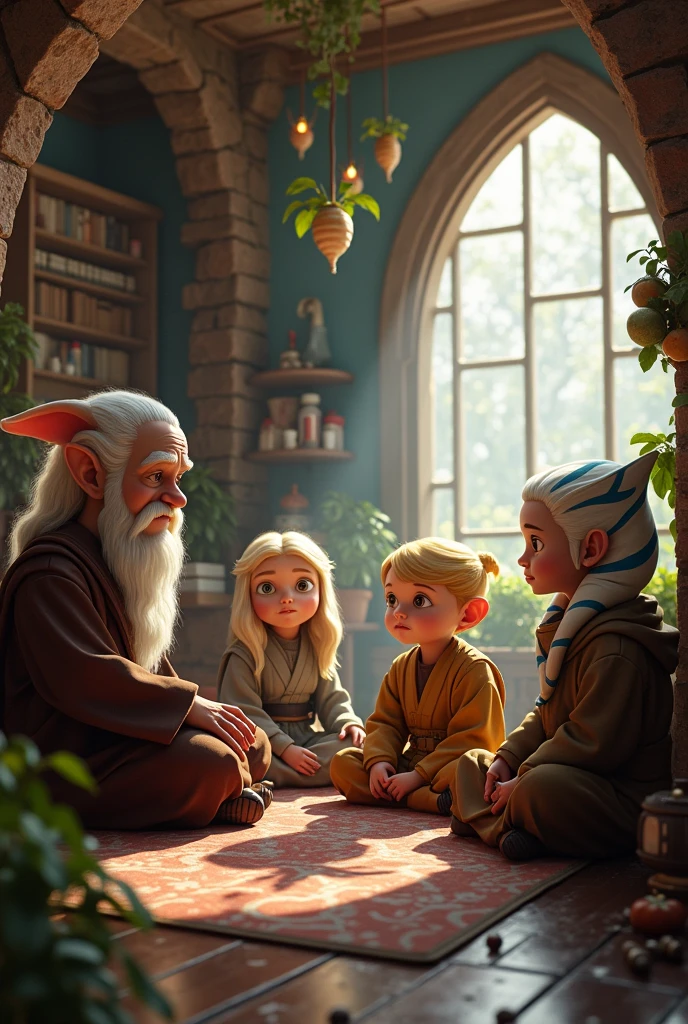 Count Dooku talking to Anakin, Obi-Wan and Ahsoka, without lightsabers, sitting, They are 4 and are entering Luna Lovegood's house from Harry Potter.