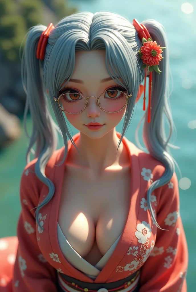 (One person:1.3), masterpiece, Highest quality, Great beauty, [[3d]], 4K, Absurd, In detail, Highly detailed eyes, Perfect Anatomy, Official Art, Cinema Lighting, break, island, Silky Medium Hair, Silky twin tails, Gray Hair, Very shiny, Beautiful brown eyes, Big eyes, Shine(In the eyes), Thick eyebrows, Open your mouth, Fuller lips, mascara, False eyelashes, Pink Lips, Glasses, A satisfied smile, break , Big Breasts, expensive, skinny, Dark Skin, walk or wave, break , Overhead Shot, break,(kimono:1.3)、Big Breasts、kimono
