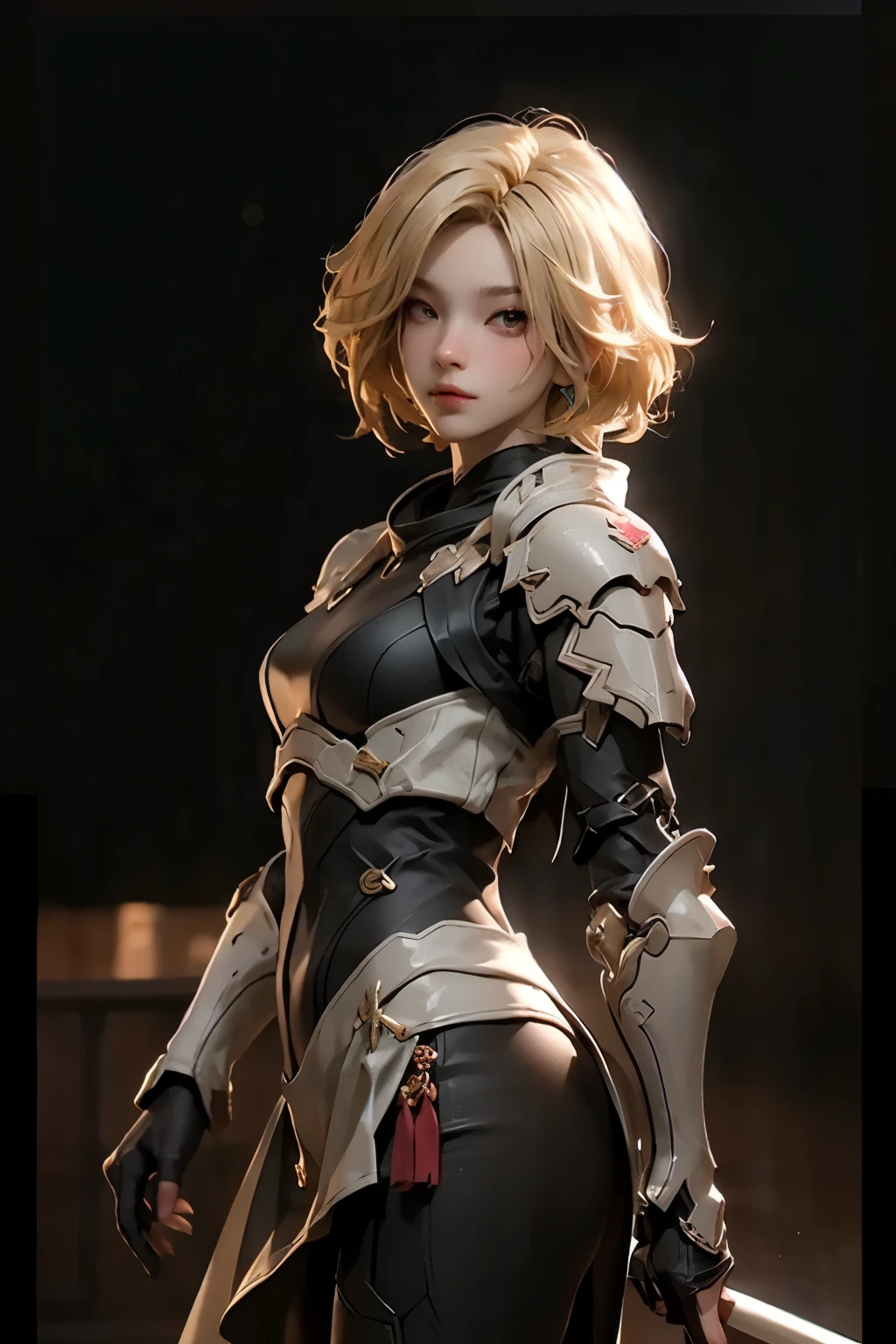 ((best quality)), ((Masterpiece)), (details:1.4), 3d, HDR (high dynamic range), amature woman, SLEEK Style, Blonde hair, Red eyes, จมูกโด่ง, ปากแดง, หน้าอกใหญ่, nvidia RTX, PBR surface, After processing, Anisotropic filtration,depth of field, Maximum clarity and clarity, multi-layered surface, Subsurface scattering, perfect proportions, 8K raw files, ความละเอียดสุดยอด, Unreal 5, Perfect proportions, Octane Render, Two-tone lighting, Wide aperture, รายละเอียดดวงตา, Holy Knight, Heavy Black armor, jewely, ต่างหู