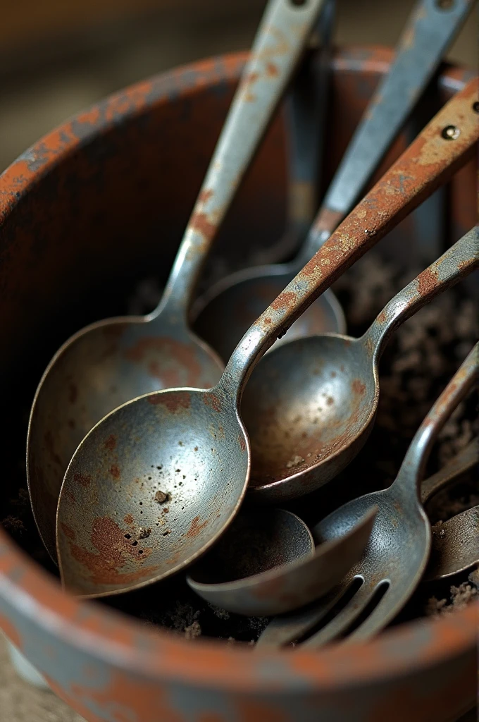 The DiscoveryClose-up of old, rusty utensils being revealed as they are taken out. Some utensils are visibly tarnished and worn out, while others are clean and shiny