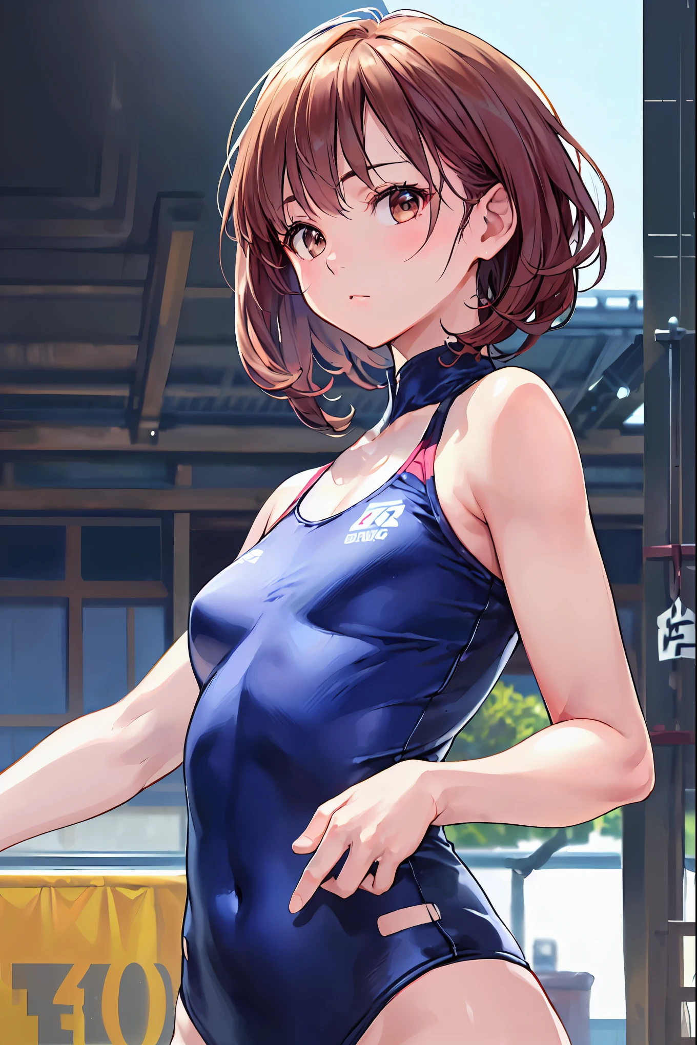 (8k, RAW Photos,Highest quality, High resolution:1.1), (Ultra-realistic:1.4),(Realistic, Realistic:1.3),The Beauty of Japan、((Upper Body:1.3))、Gymnastics Team - Flexible Leotards and Grips、Place your hands behind your back,Brown Hair,Shortcuts,Small breasts,Flat chest