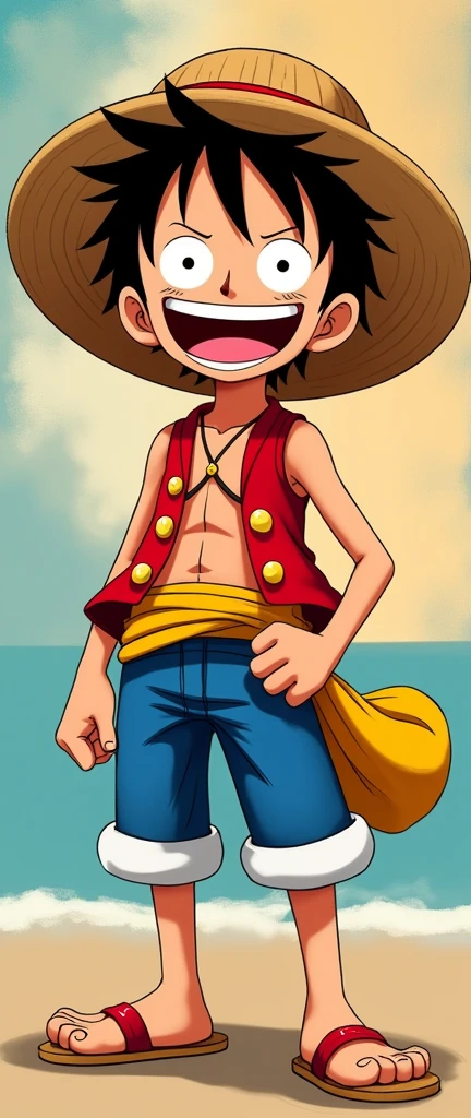 A Disney-style character design of Luffy from "One Piece". He is drawn with Disney’s signature smooth lines and vibrant colors, featuring his straw hat, red vest, and blue shorts. His face is expressive, with large, friendly eyes and a wide, mischievous grin. The art style captures the adventurous spirit of Luffy while incorporating the classic Disney animation feel. The background is a simple, colorful backdrop, highlighting the character