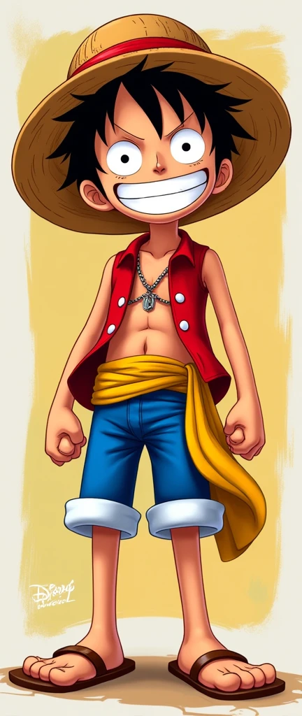 A Disney-style character design of Luffy from "One Piece". He is drawn with Disney’s signature smooth lines and vibrant colors, featuring his straw hat, red vest, and blue shorts. His face is expressive, with large, friendly eyes and a wide, mischievous grin. The art style captures the adventurous spirit of Luffy while incorporating the classic Disney animation feel. The background is a simple, colorful backdrop, highlighting the character