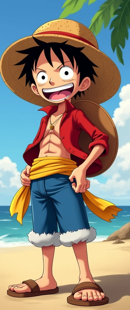 A Disney-style character design of Luffy from "One Piece". He is drawn with Disney’s signature smooth lines and vibrant colors, featuring his straw hat, red vest, and blue shorts. His face is expressive, with large, friendly eyes and a wide, mischievous grin. The art style captures the adventurous spirit of Luffy while incorporating the classic Disney animation feel. The background is a simple, colorful backdrop, highlighting the character 