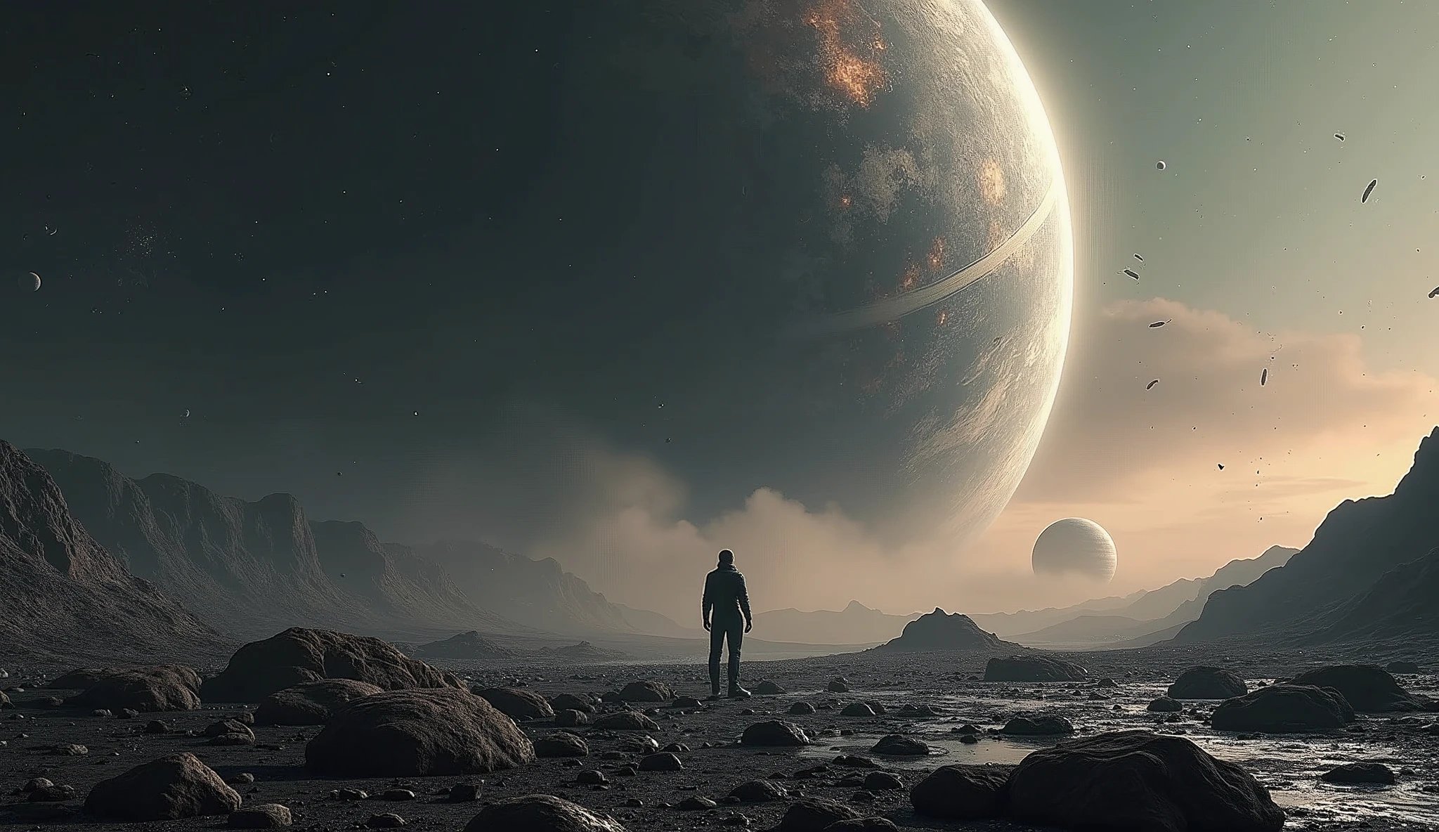 dark realistic epic sci-fi detailed art from the surface of an exoplanet, landscape of a rocky planet, a small part of a massive gas giant planet with a network of dark dust rings is partially visible beyond the horizon in the distance blocking the horizon and the impact of the collision, space debris and dust in the background, another planet dangerously approaching the surface and the collision is not completely included in the frame and part remains off-screen, another planet dangerously approaching blocking the entire sky, the moment of the collision of two space planets standing on one of them, macroplan, vibrations and the effect of presence on a planet in another solar system, the effect of the attraction of two massive space bodies, dark space, frighteningly massive ultra epic moment of a planetary-scale space catastrophe