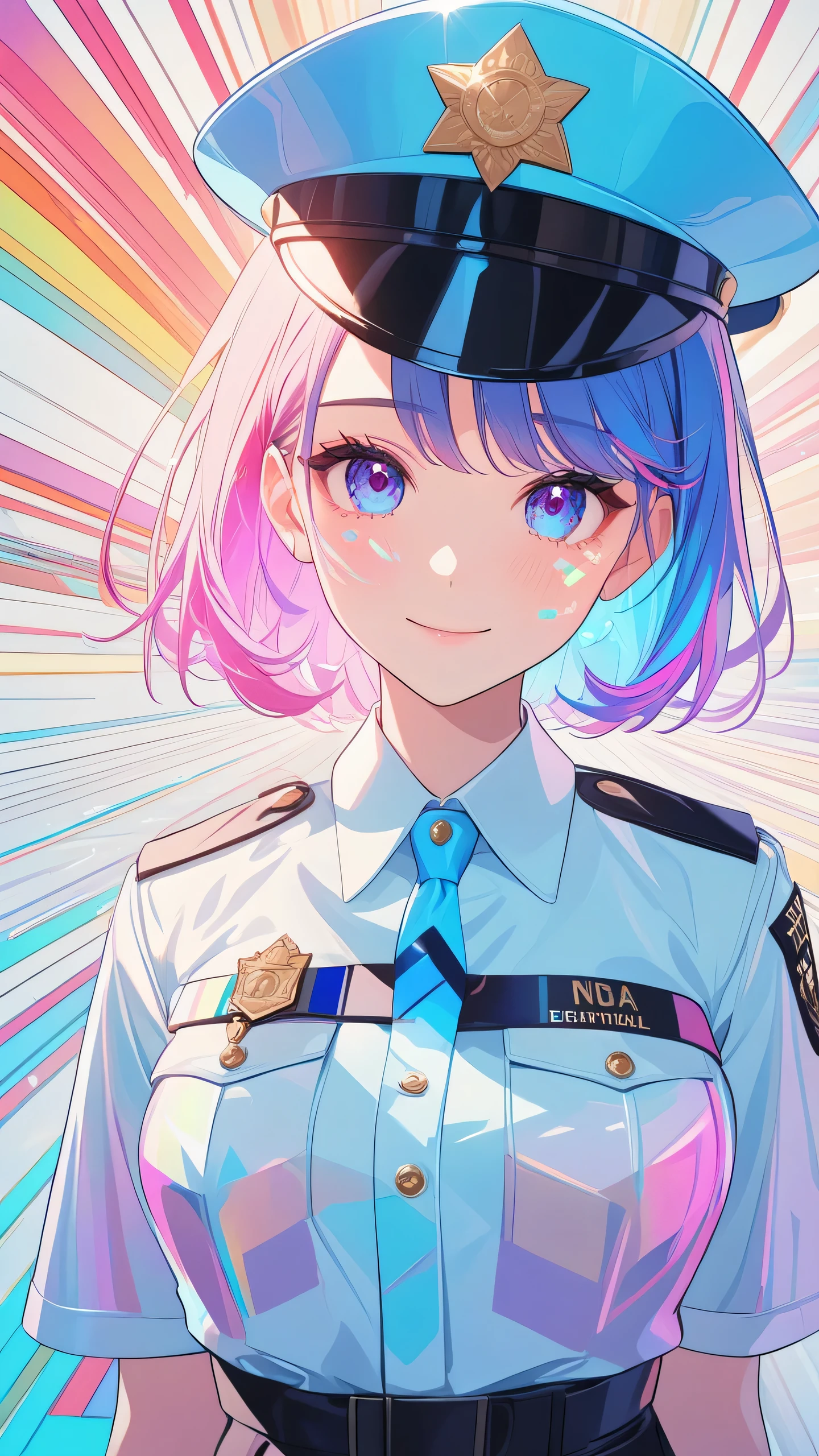 masterpiece, best quality, super wide angle, police uniform, police hat,pink and blue hair, cute anime face, tears, transparent color PVC clothing, transparent color vinyl clothing, whole body, glitchlump}onface, smile,medium hair, film grain, lens flare, colorful,chromati caberration, dynamicpov, closed mouth, Intense emotional expression:death, glitchart, ultra detailed, extremely delicate and beautiful, album cover, album, album description, Pixilation on face, Double exposure, Chromatic Aberration, Light leaks, Noise and grain, Color degradation, Glitch lettering, art, abstractart, geometry, clear lines, squares, bright, limited palette,{canonical composition}, neat diagonal striped background, {{blue with white striped background}},{limited palette}, flatvcolored,blue and white,