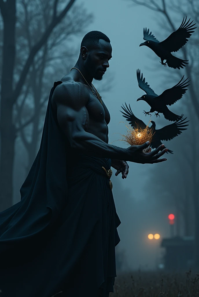 Black man catches crows at night,high quality,8k,Extremely beautiful