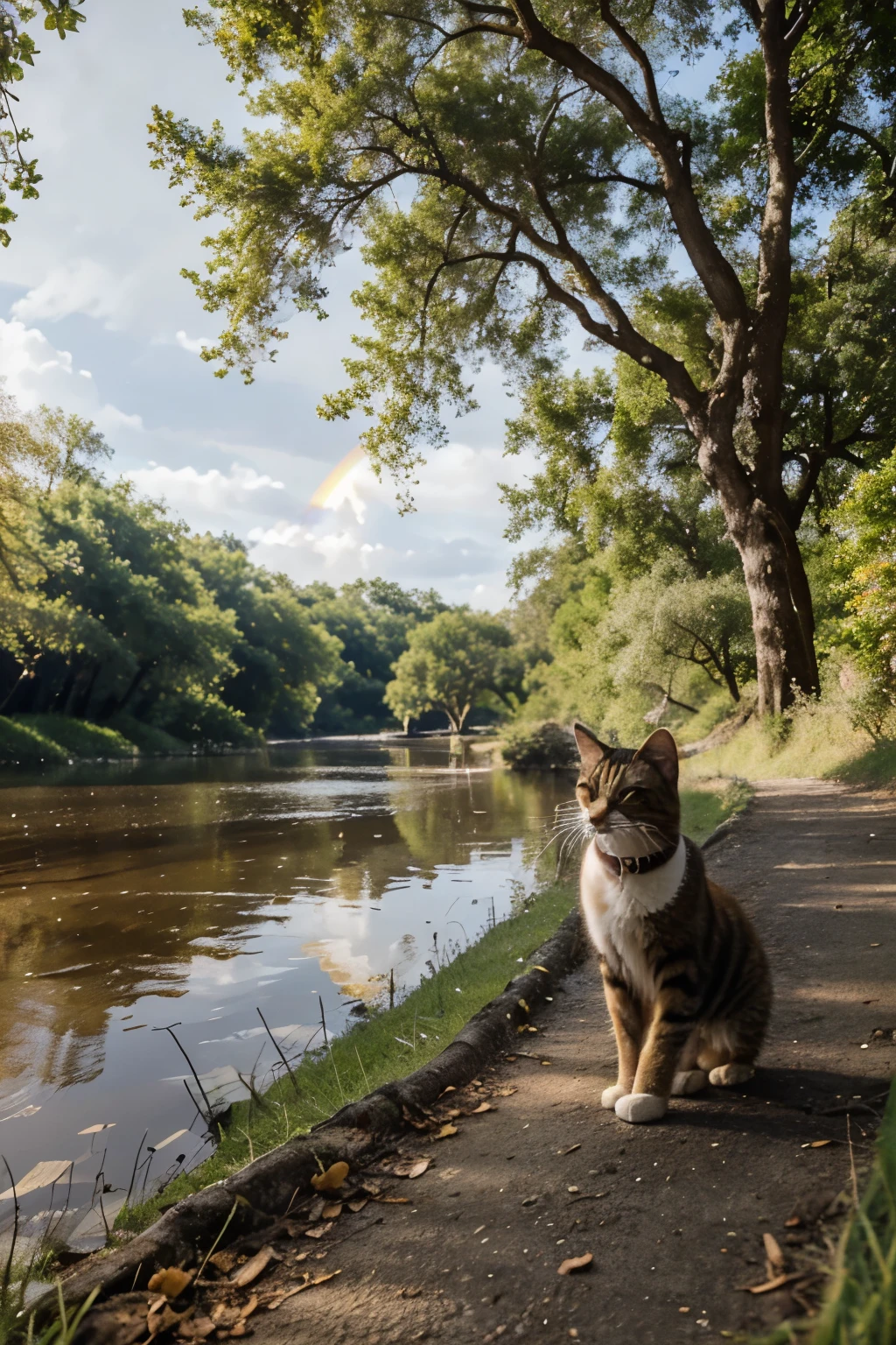 Sunny the cat scampered along the riverbank, and as she reached the end of the rainbow, she found a small, sparkling chest nestled under a giant oak tree. With a curious paw, she opened the chest to reveal a collection of shiny, colorful gems.