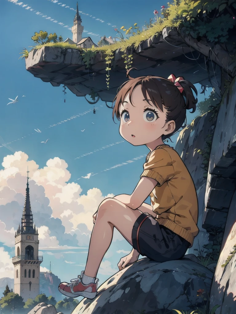 Animated cartoon character sitting on a rock and looking at the sky,A tower piercing the sky in the distance, 