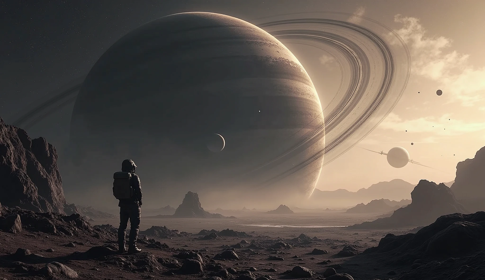 dark realistic epic sci-fi detailed art from the surface of an exoplanet, landscape of a rocky planet, a small part of a massive gas giant planet with a network of dark dust rings is partially visible beyond the horizon in the distance blocking the horizon and the impact of the collision, space debris and dust in the background, another planet dangerously approaching the surface and the collision is not completely included in the frame and part remains off-screen, another planet dangerously approaching blocking the entire sky, the moment of the collision of two space planets standing on one of them, macroplan, vibrations and the effect of presence on a planet in another solar system, the effect of the attraction of two massive space bodies, dark space, frighteningly massive ultra epic moment of a planetary-scale space catastrophe