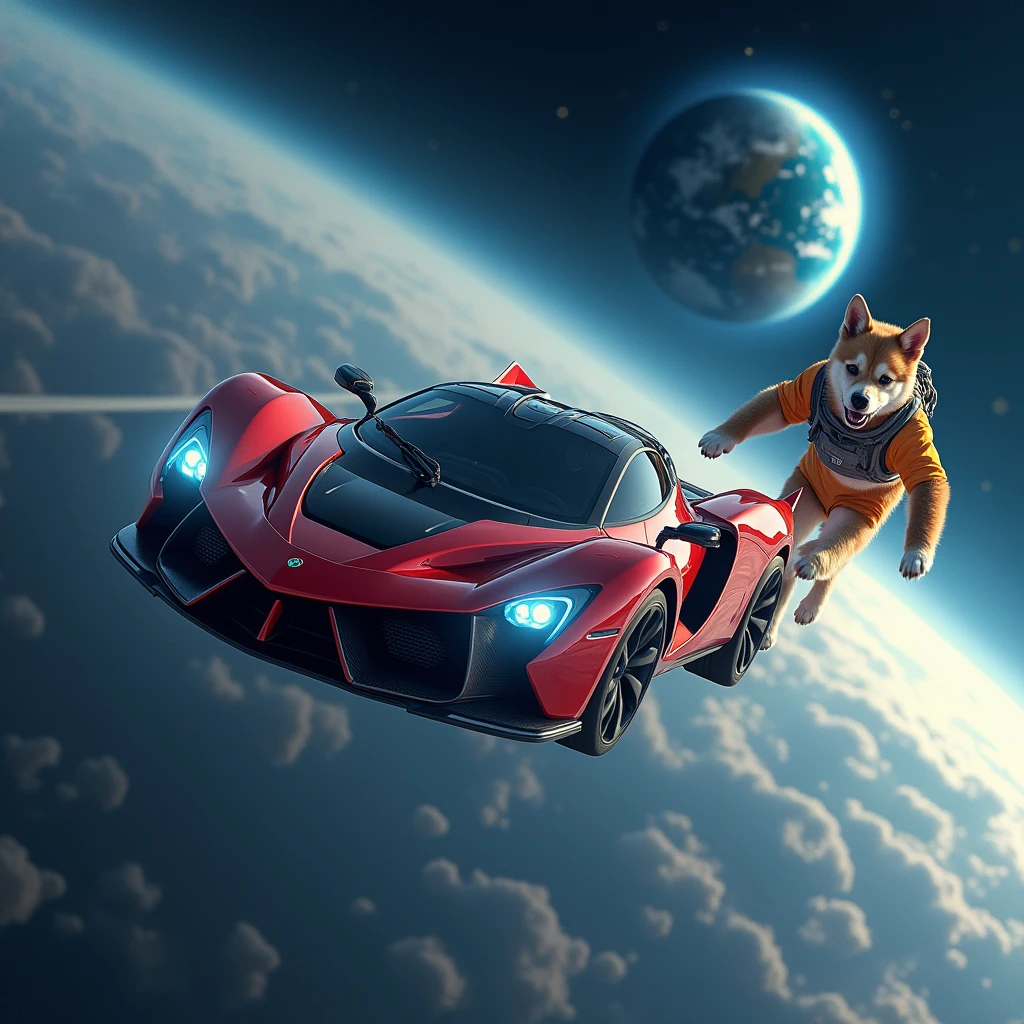 A supercar flying through space with a space dog following it, with the blue of Earth standing out in the background.
