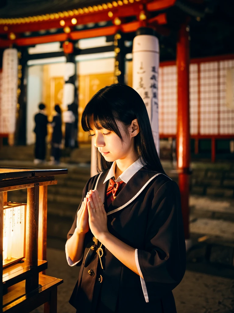 A black-haired Japanese woman in a school uniform praying at a shrine at night.
Fireworks

