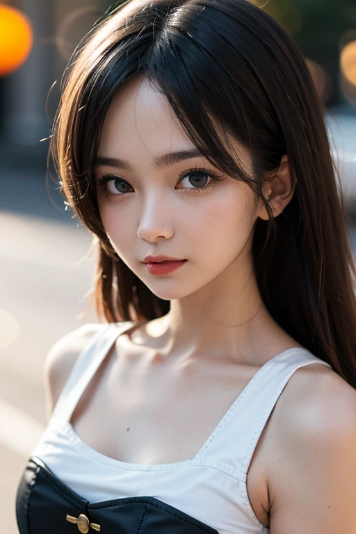 masterpiece, best quality, raw photo, 8k, 85mm, absurdres, cute face, (close up face, corset peplum top:1.2), Long Straight hair, big breasts, Blue Eyes, cinch waist, upper body, solo, delicate girl, detailed embroidery, DSLR, looking at viewer, violaceaess, gardeniass, thin arms,  professional lighting, film grain, chromatic aberration, (bokeh:1.1)