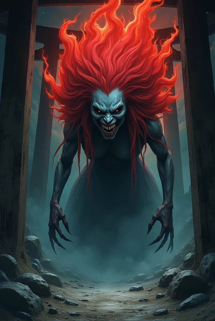 Create a terrifying and realistic original yokai in the style of Jiro Tsunoda. The yokai is Yasha Hime, with fiery red hair, pale blue skin, glaring eyes, slashing claws, a terrifying smile, sharp fangs, and a blazing aura. The background is a desolate shrine shrouded in darkness, emphasizing a chilling and eerie atmosphere.





