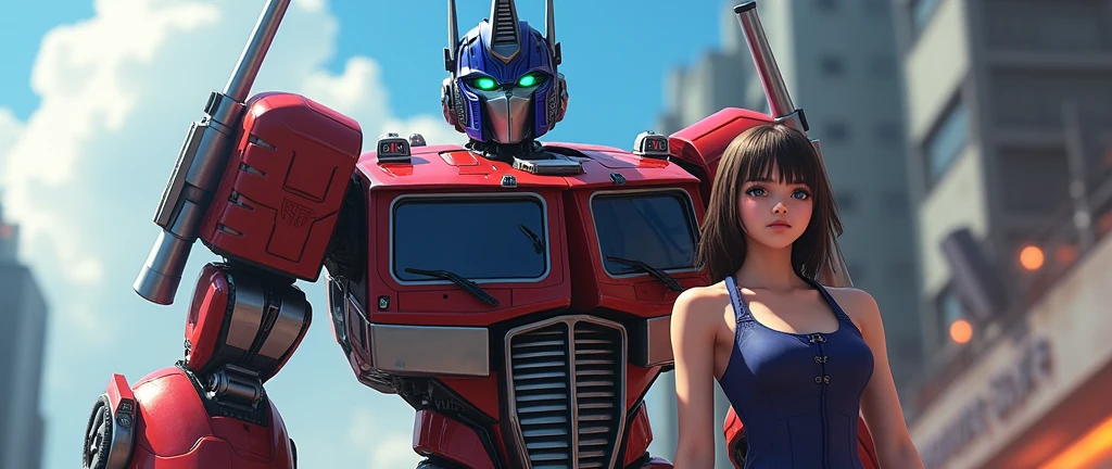 Optimus Prime, Neiru Aonuma, transformers, Wonder Egg Priority, crossover, detailed mecha design, highly detailed faces and expressions, dynamic poses, cinematic lighting, vibrant colors, dramatic atmosphere, photorealistic, 8k, ultra-detailed, hyperrealistic, masterpiece, intricate mechanical details, advanced technology, striking visual effects, seamless integration