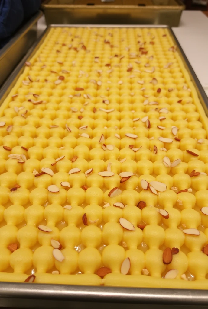 Badam khoya burfi with badam sliced on it in square shape but less height all pieces adjacent and joined to each other zoomed out image in a tray in a shop. Same length and width from top and bottom like a cube but height is half the length. Make the height of the product dimensions minimal. It should be light yellow color and minimal height(1/3 of the product)