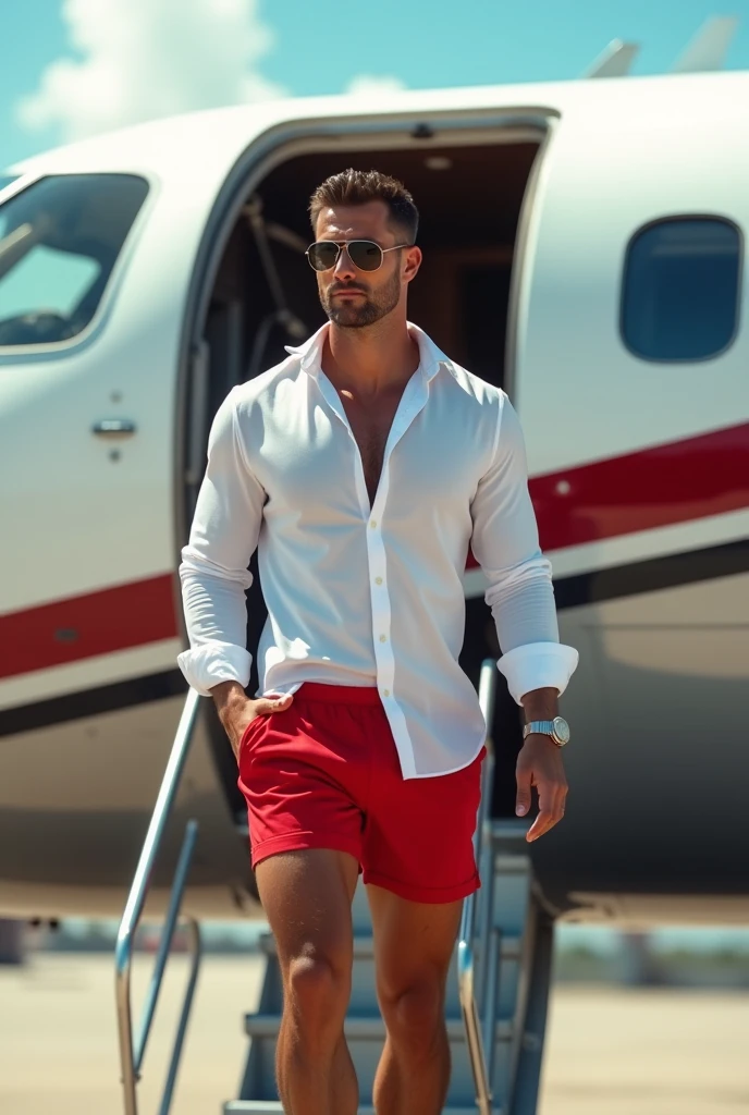 Young hairless man in red swimming shorts, white shirt and aviator glasses boarding a private jet