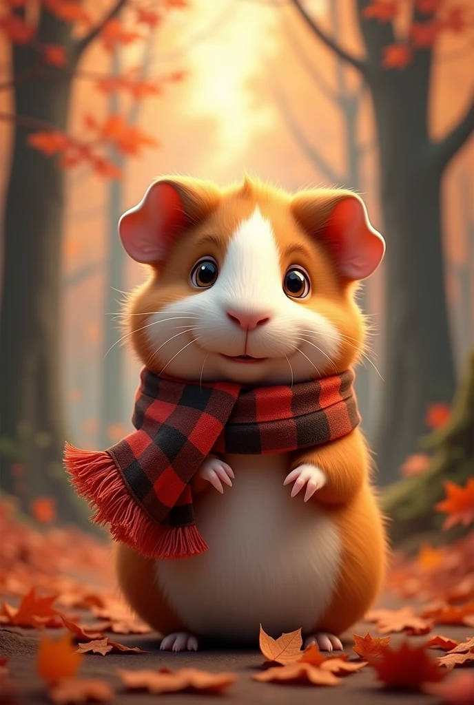 A guinea pig with a brown and orange checkered scarf in front of an autumnal forest