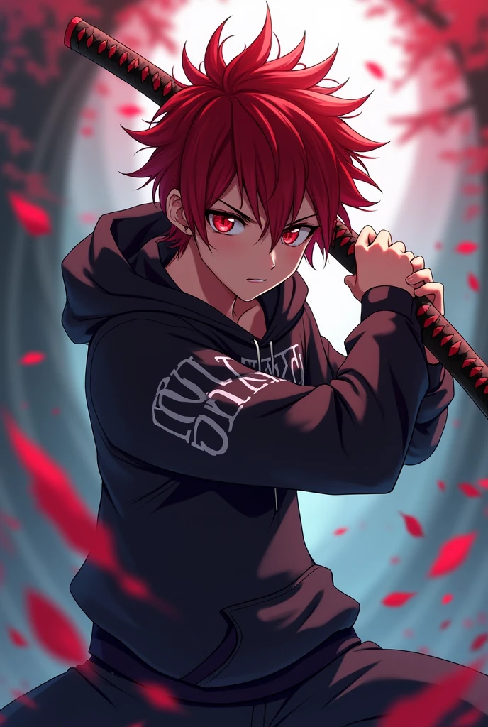 Anime boy dark red mixing hair, katana pose, wearing a hoodi, "SHAFEE" written in the hoodi, myth, age 17 , shining red eyes