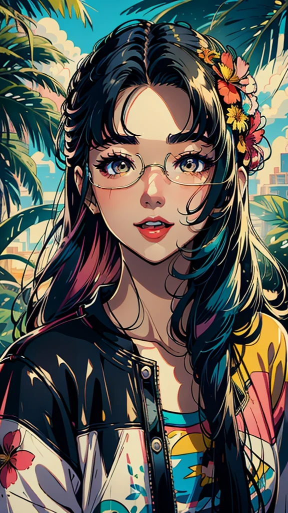 Create digital artwork in the Pop Art style, Featuring a vibrant and confident young Asian girl,street fashion, Movie color scheme, big smile, wink eye, sunglasses, Surrounded by vintage flower motifs, Vibrant brushstrokes,Emotions should be dynamic, Upper body, Drawing, illustration, escala cinza, tropical, Many flowers,