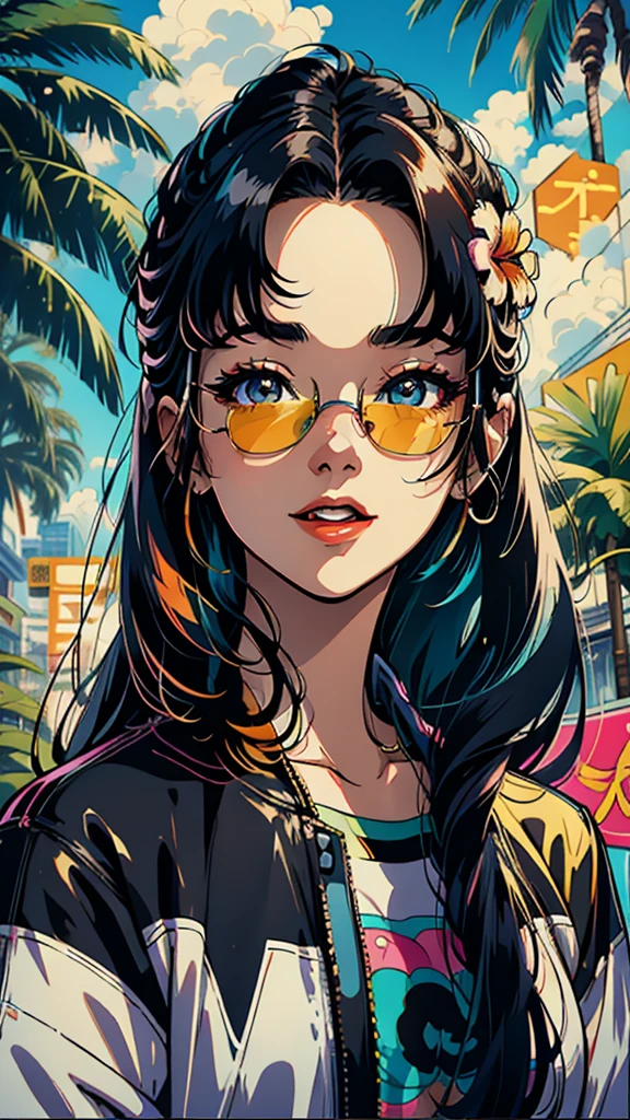 Create digital artwork in the Pop Art style, Featuring a vibrant and confident young Asian girl,street fashion, Movie color scheme, big smile, wink eye, sunglasses, Surrounded by vintage flower motifs, Vibrant brushstrokes,Emotions should be dynamic, Upper body, Drawing, illustration, escala cinza, tropical, Many flowers,