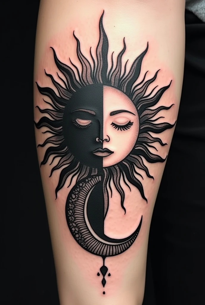 Here's a prompt in English for a tattoo design:

"Design a black-colored tattoo featuring a half sun and half moon, seamlessly merged in a single image. The sun should have sharp, radiant rays, while the moon should be crescent-shaped with delicate, intricate details. The overall design should be balanced and harmonious, blending the contrasting elements of day and night in an elegant and stylish manner."

Let me know if you'd like to include anything else!